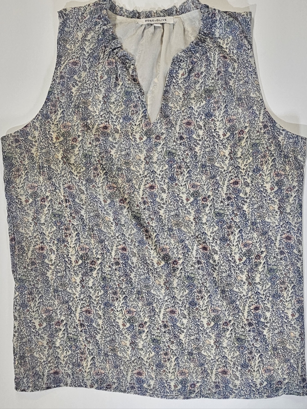 Rose & Olive Blouse Womens XL White Blu Floral Pastel Feminine Cottagecore Top